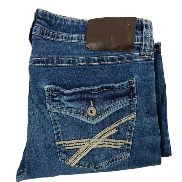 T.K. Axel Slim Boot Jeans Mens 34X31 Blue Embroidered Flaps Western Thick Stitch - Picture 2 of 15